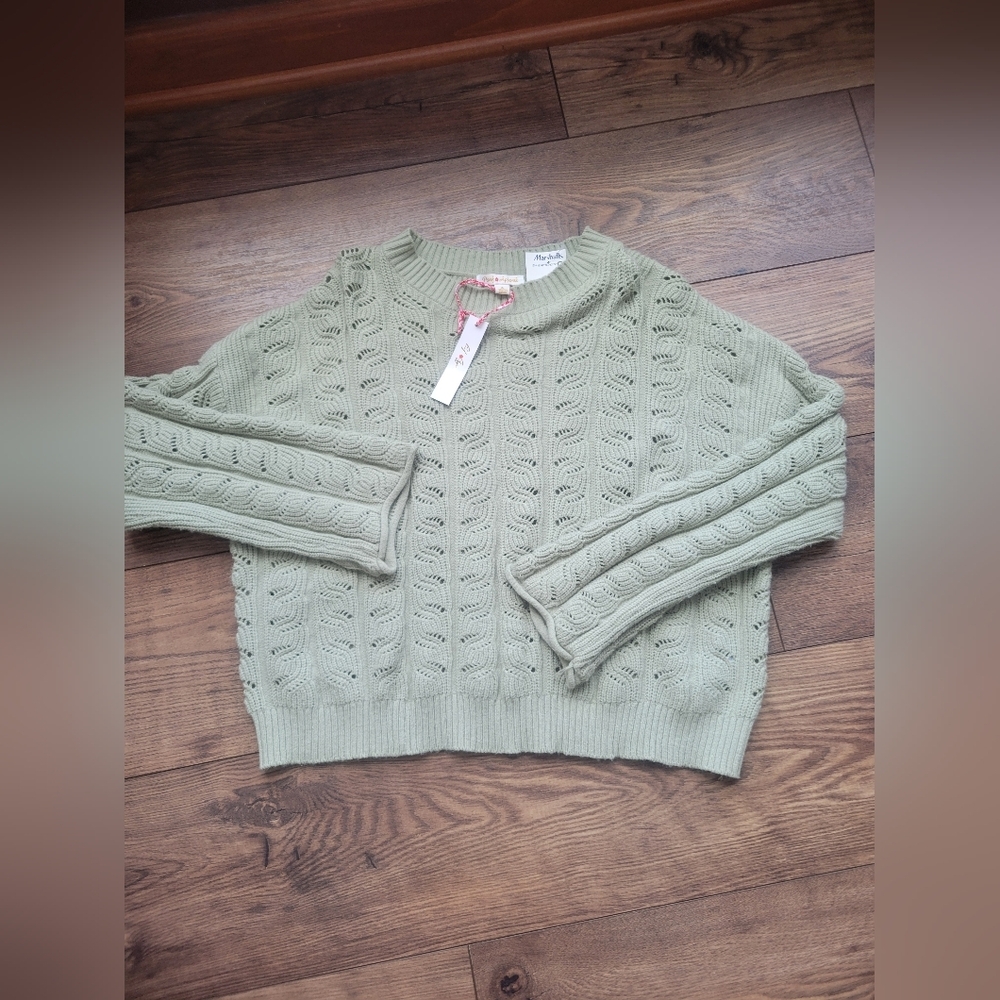 Poof Apparel Pointelle Knit Sweater Slight Bell Sleeve Opening Sage Green Large